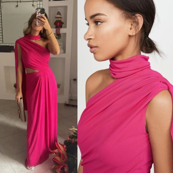 Saloni Magenta Honey Gown One Shoulder Mock Neck Cutout Cape Maxi Dress - Picture 1 of 8
